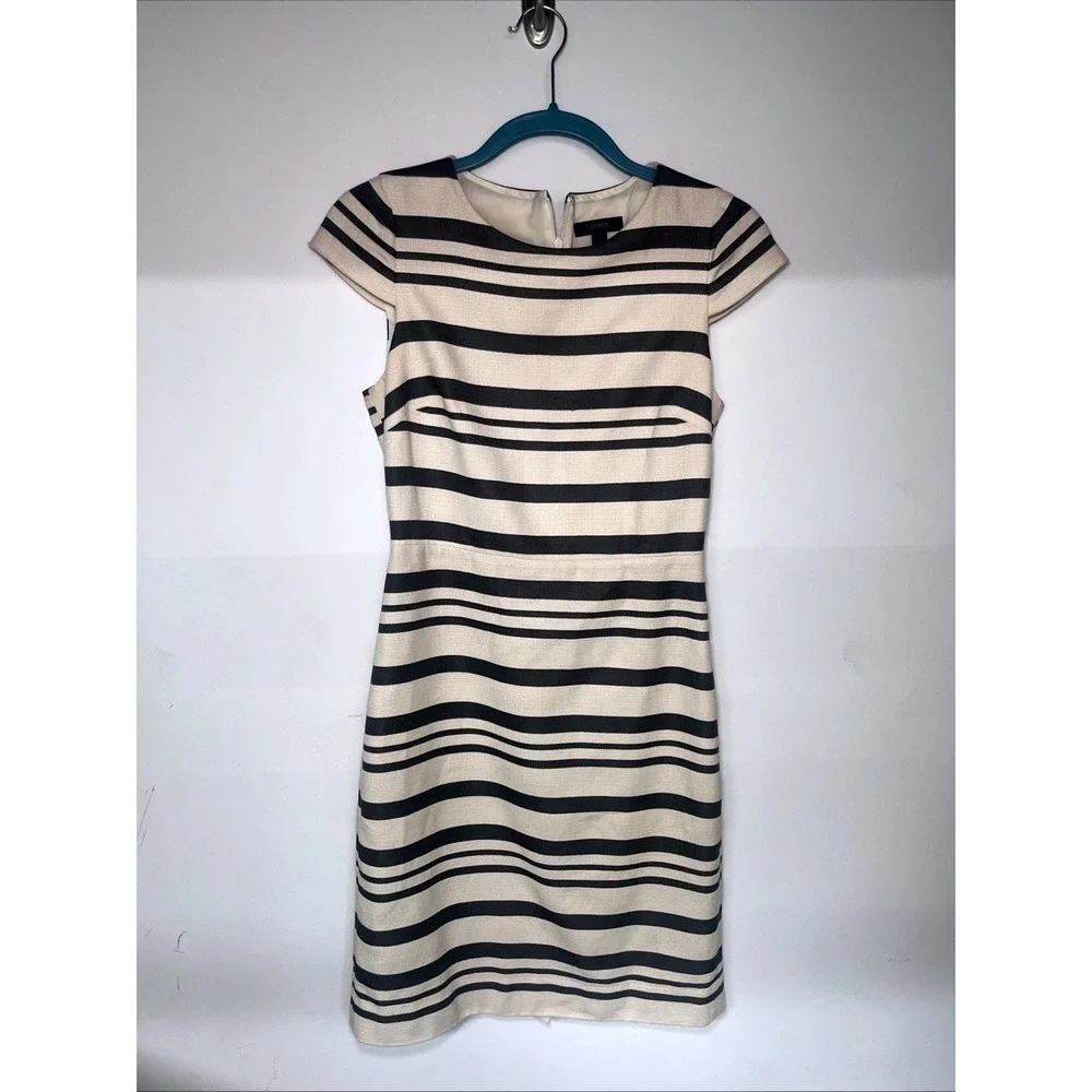 J.Crew Ivory Graphite Stripe Sheath Dress Size 2 Textured Career Chic Cap Sleeve
